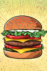 A vibrant, illustrated cheeseburger with fresh ingredients on a colorful burst background