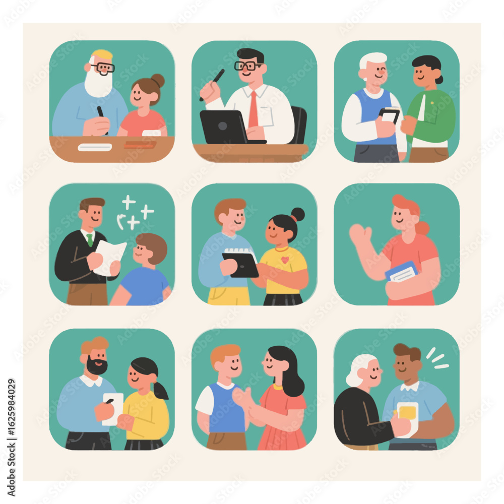 Poster diverse group of people in various interactions and settings depicted through colorful and charming 