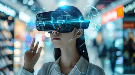 A young woman wearing a vr headset is immersed in a virtual reality experience, exploring the digital world and interacting with the metaverse, showcasing the future of technology and innovation