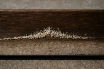 Close-up of wooden surface showing signs of termite damage with a visible trail of fine dust and wood powder along a crack, indicating infestation and decay.