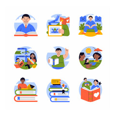 Diverse group of people reading books and learning in various educational settings vector illustration for educational resources