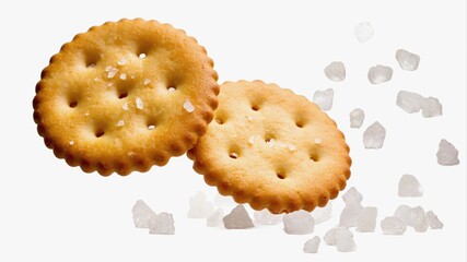  On a white background are two round salt crackers surrounded by large salt crystals. The perfect snack for friendly gatherings or a cozy evening.