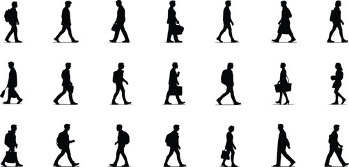 Silhouettes of men and women walking in various directions, perfect for business, street, pedestrian