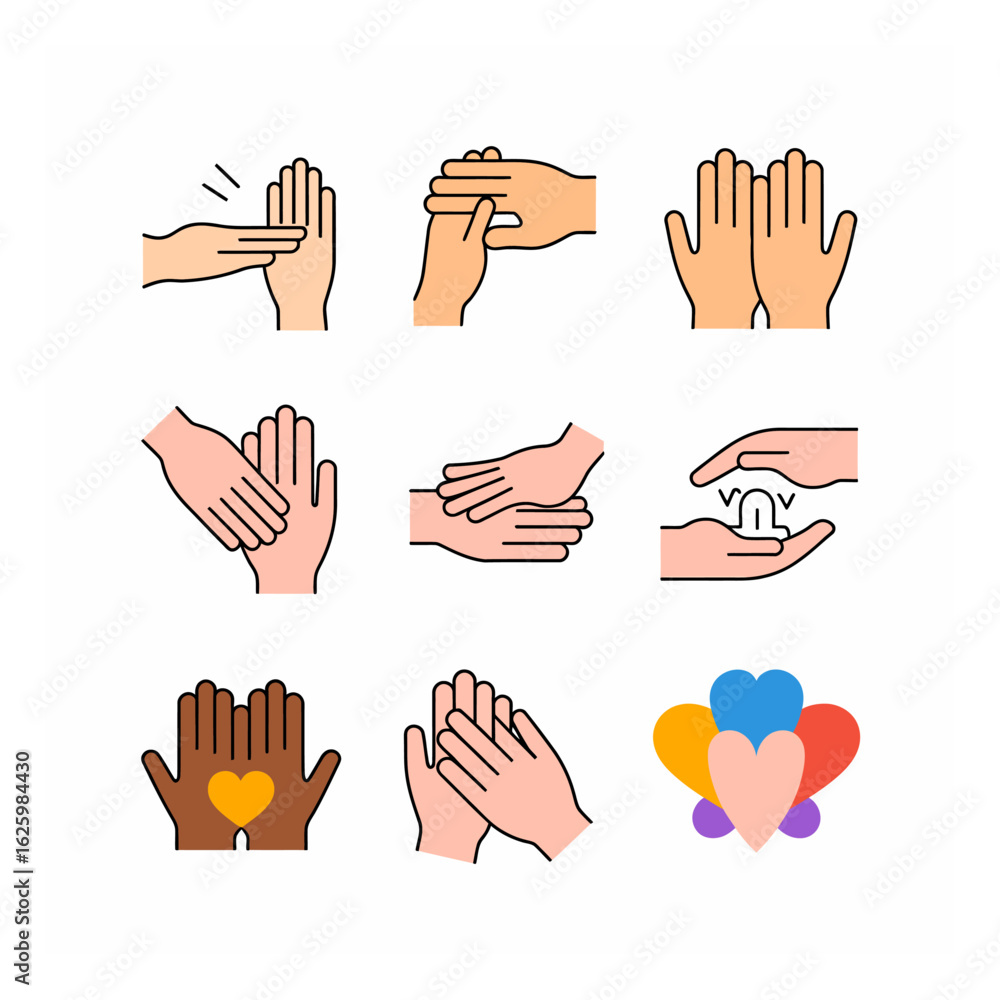 Poster diverse hands in various gestures showcasing touch, care, and affection in a colorful vector illustr