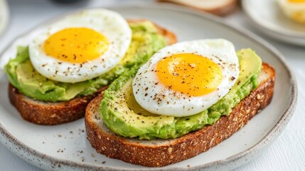 Creamy avocado toast topped with perfectly fried eggs, sprinkled with pepper, served on a rustic plate for a delicious breakfast or brunch option.