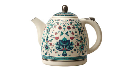 Ceramic electric kettle with floral design top view isolated on a Transparent background, PNG file.