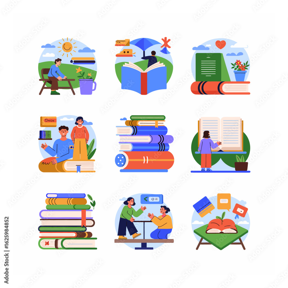 Poster diverse illustrations showcasing the joys of reading books and learning in various settings and situ