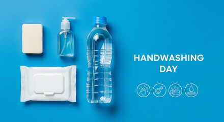 Minimalist Flat Lay of Hygiene Products for Global Handwashing Day Awareness