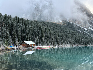 Beautiful View of Cabin at Lake Louise, Banff National Park, Canada at Winter
