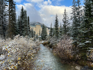 Hotel at Lake Louise with Small Creek in Morning