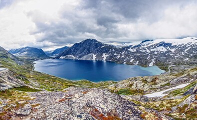 Panoramic view of lake above Geiranger Norway