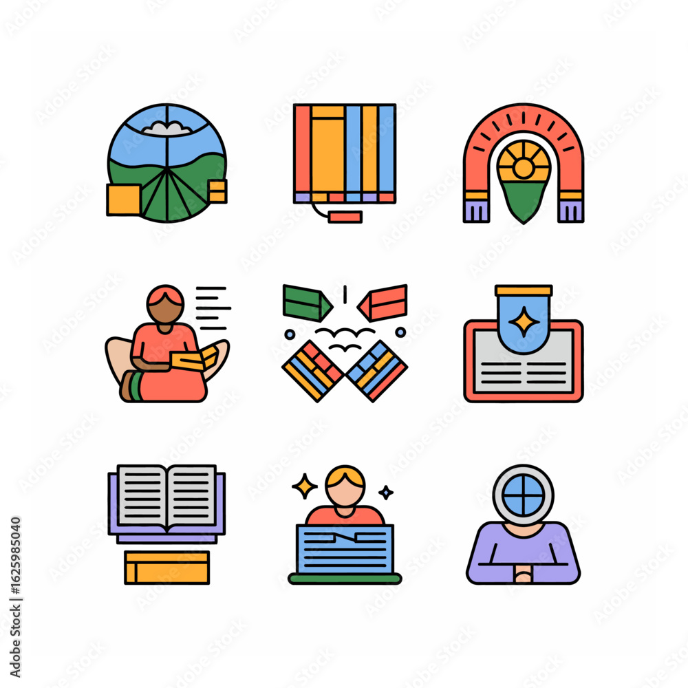 Aufkleber diverse learning and education concept icons set representing knowledge acquisition and personal dev
