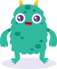 Friendly turquoise cartoon monster with big eyes and two playful yellow horns, standing joyfully and smiling, radiates a fun and whimsical vibe, perfect for kids' entertainment and celebrations