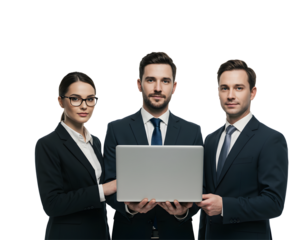 Professional business team of diverse colleagues collaborating on a laptop, discussing strategy and ideas — perfect for teamwork, corporate projects, and office productivity scenes.