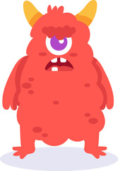Illustration of a grumpy one eyed red monster standing with small horns and open mouth, ideal for children books, halloween, stickers and fantasy concepts