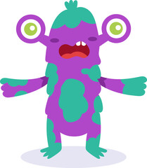 Funny cartoon purple alien monster with four eyes and green hair screaming and spreading its arms with its mouth wide open, in a white background
