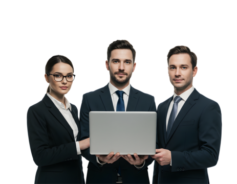 Professional business team of diverse colleagues collaborating on a laptop, discussing strategy and ideas — perfect for teamwork, corporate projects, and office productivity scenes.