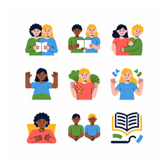 Diverse people and inclusivity represented through cartoon style vector illustrations, promoting unity and community spirit, showcasing various activities and expressions