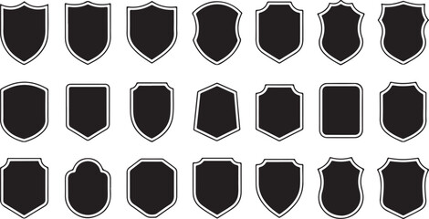 Set of Badge templates in vintage style. Black patch silhouettes. Police badge, shield, labels. Isolated on white background