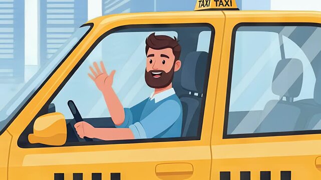 Smiling taxi driver waving in yellow cab flat illustration