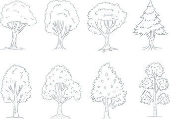 Hand drawn tree collection, forest doodle illustrations, sketch style trees for design, nature landscape vector, outline botanical elements set
