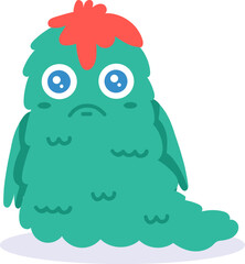 Cartoon character of a sad monster with big blue eyes and red hair, expressing feelings of loneliness and melancholy, perfect for children's illustrations and fantasy projects