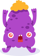 Vibrant purple hairy monster with bright yellow hair, large red eyes, and an open mouth raises its arms, exuding a playful and whimsical vibe on a clean white background