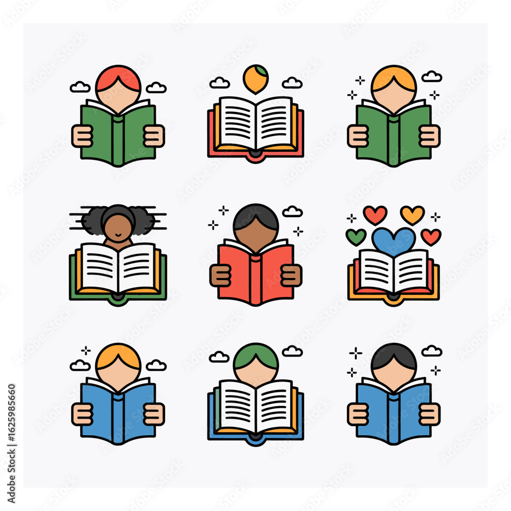 Poster diverse readers enjoying books vector set for education and literacy promotion with colorful and inc