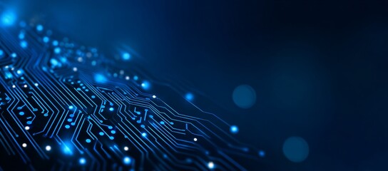 Abstract blue background with circuit board and technology elements, banner design for a digital tech concept. Blue color theme, blue abstract futuristic modern wallpaper with a bokeh effect. 