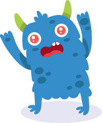 Friendly cartoon monster with blue fur, green horns, and big red eyes is raising its hands in surprise, with its mouth wide open, standing on a white background