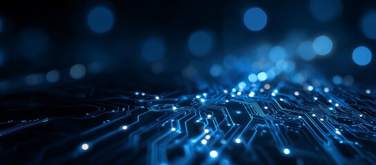 Abstract blue background with circuit board and technology elements, banner design for a digital tech concept. Blue color theme, blue abstract futuristic modern wallpaper with a bokeh effect. 
