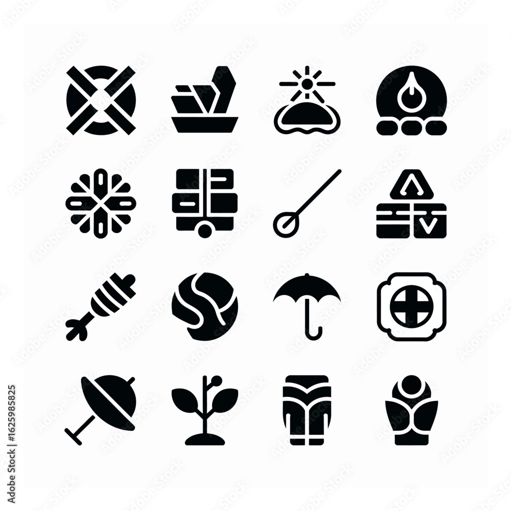 Poster diverse set of black silhouette icons representing various objects and concepts in a minimalist styl