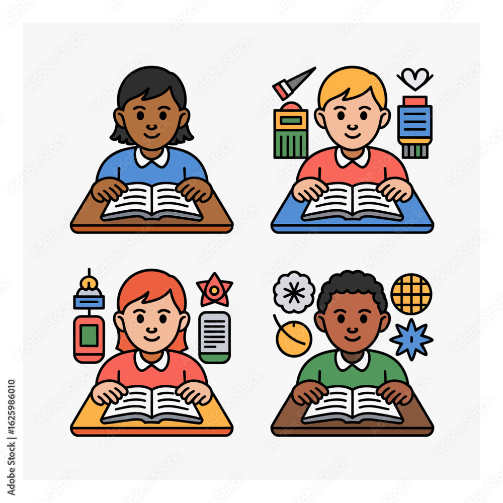 Poster diverse students reading books at desks illustration vector design for education and learning in a c