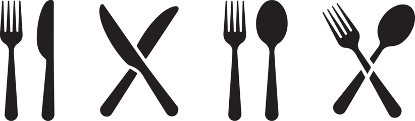 Silverware solid monochrome icon set. Fork, Spoon and Knife icons.