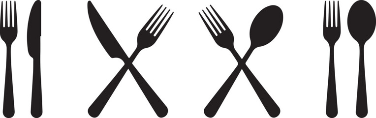 Silverware solid monochrome icon set. Fork, Spoon and Knife icons.