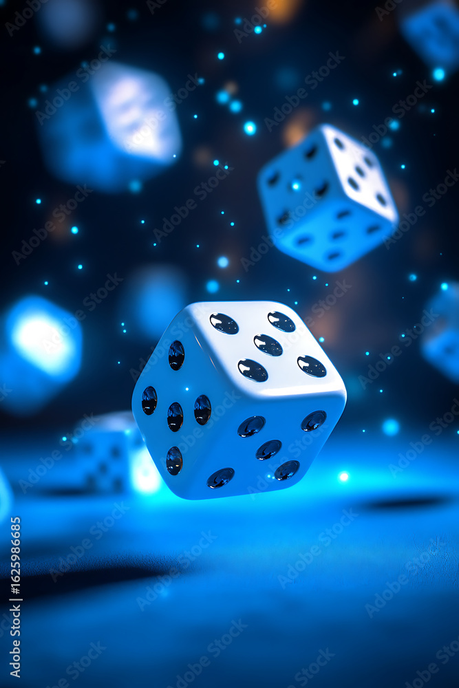 Poster floating dice in blue light create a dynamic scene of chance and excitement in a game setting