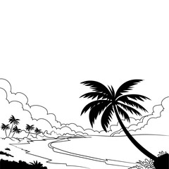 Tropical beach with palm trees on island sunset silhouette vector illustration