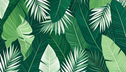 Lush Tropical Jungle Foliage Pattern with Vibrant Green Palm and Banana Leaves