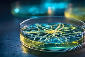 Petri dish with blue mycelium.