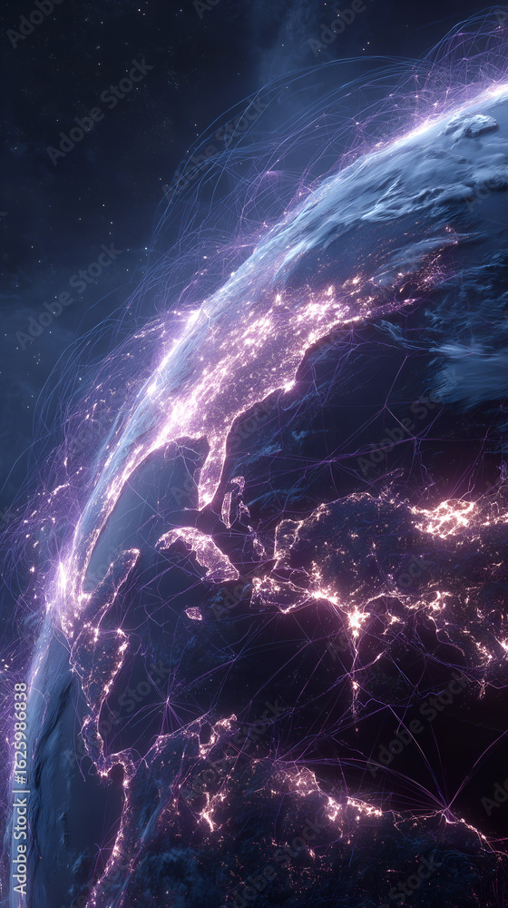 Poster a captivating image of planet earth at night, showcasing interconnected networks and glowing city li