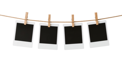 Photo frame mockup hanging on rope with clothespins for memories and display presentation template design on transparent background