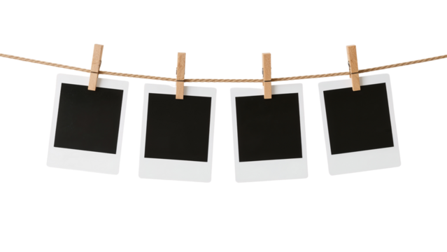 Photo frame mockup hanging on rope with clothespins for memories and display presentation template design on transparent background