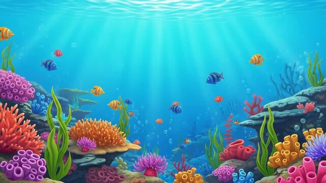 Colorful cartoon underwater scene with coral reefs, rocks, seaweed, and various fish swimming in a bright blue ocean.
