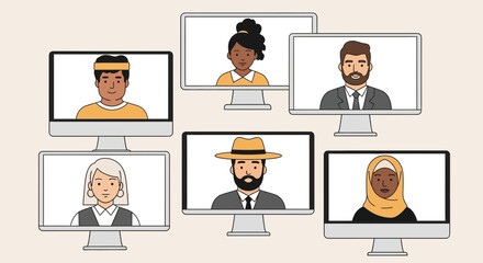 Global business team collaboration during an online video conference, featuring a diverse mix of people on multiple computer screens.