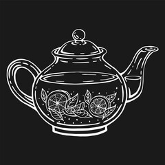 Teapot, lemon slices, leaves tea. Hand drawn vector illustration in outline style.