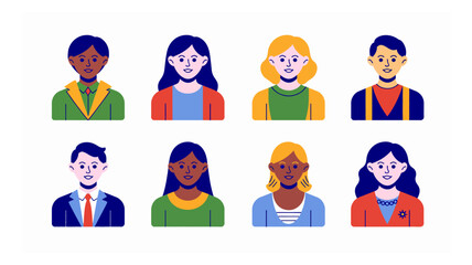 Group of diverse cartoon people avatars in a vector illustration with smiling faces and various skin tones and hairstyles for inclusive representation