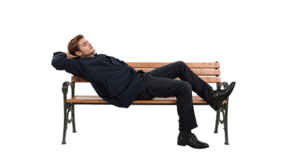 Man relaxing on bench outdoor park lifestyle leisure time resting stress free peaceful calm zen moment on transparent background