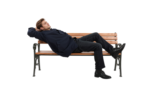 Man relaxing on bench outdoor park lifestyle leisure time resting stress free peaceful calm zen moment on transparent background