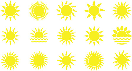 Sun icon set. Vector flat design. Collection of sun stars for use in as logo or weather icon. Yellow suns circles, bright natural lighting objects