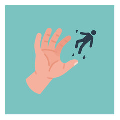 Obraz premium Human hand with a small figure being flicked away, symbolizing rejection, dismissal, or power dynamics in a simple vector illustration against a teal background
